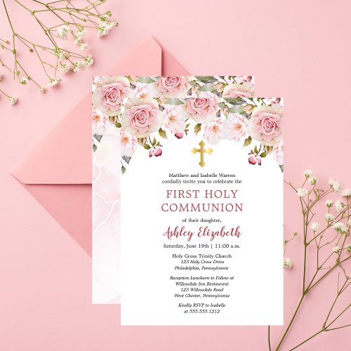 Pink Roses Watercolor Floral First Holy Communion Invitation