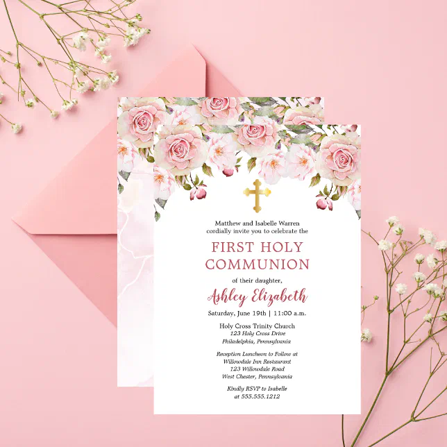 Pink Roses Watercolor Floral First Holy Communion Invitation | Zazzle