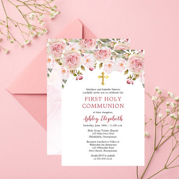 Pink Roses Watercolor Floral First Holy Communion Invitation by holidayhearts at Zazzle