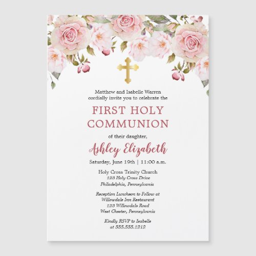 Pink Roses Watercolor Floral First Holy Communion  Magnetic Invitation