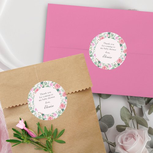 Pink Roses Watercolor Floral Garden Baby Shower Classic Round Sticker