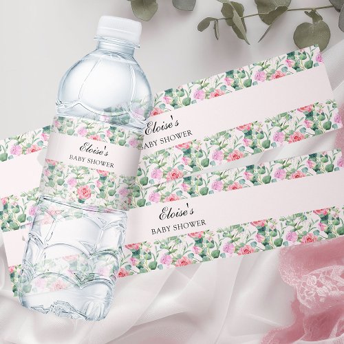 Pink Roses Watercolor Floral Personalized Water Bottle Label