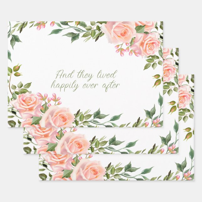 Pink Roses Watercolor Flowers Frame  Wrapping Paper Sheets (Set)
