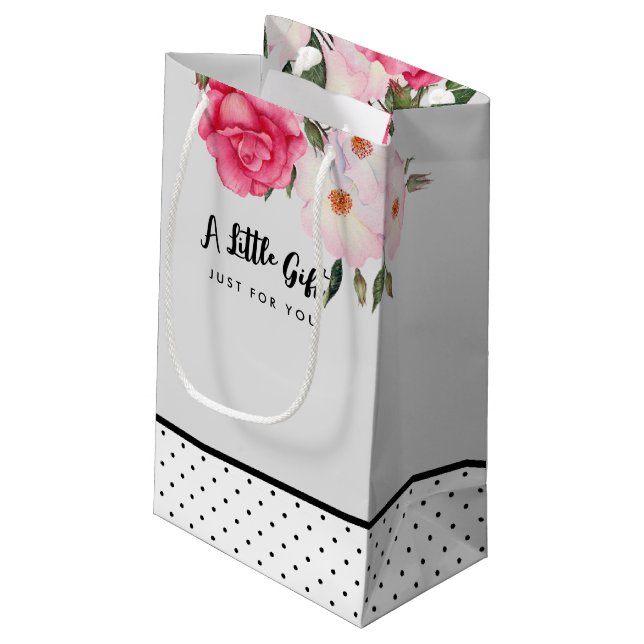Pink Roses Watercolor Illustration Polka Dot Small Gift Bag (Back Angled)
