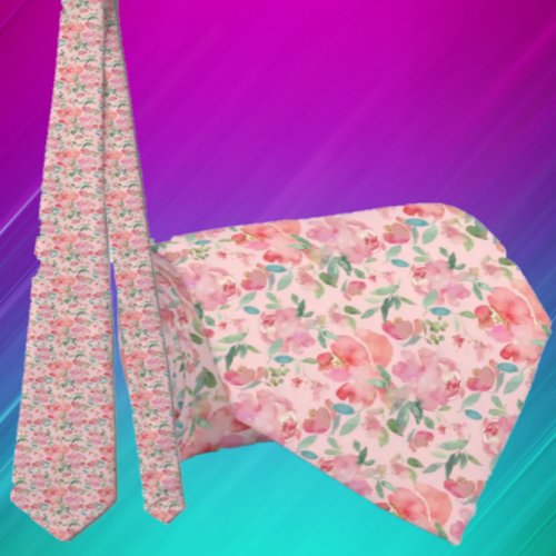 Pink Roses Watercolor Pattern Flowers Floral Neck  Neck Tie