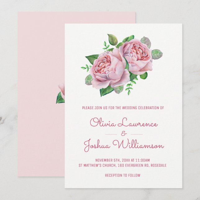 Pink Roses Watercolor Wedding Invitations (Front/Back)