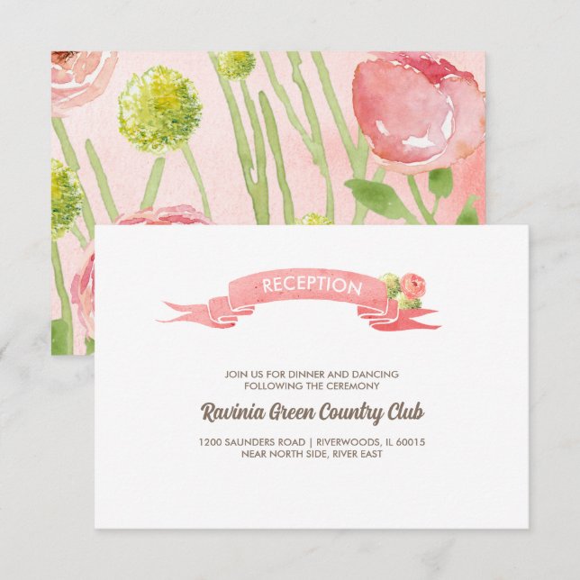Pink Roses Watercolor Wedding Reception Card (Front/Back)