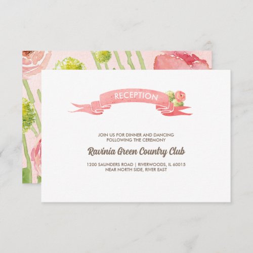 Pink Roses Watercolor Wedding Reception Card