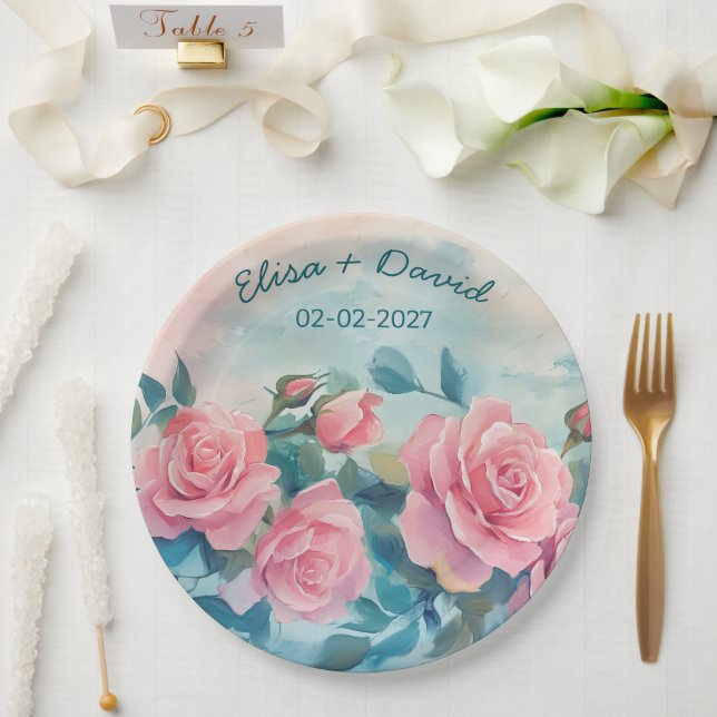 Pink Roses Wedding Engagemen Bridal Shower CUSTOM  Paper Plates (Wedding)