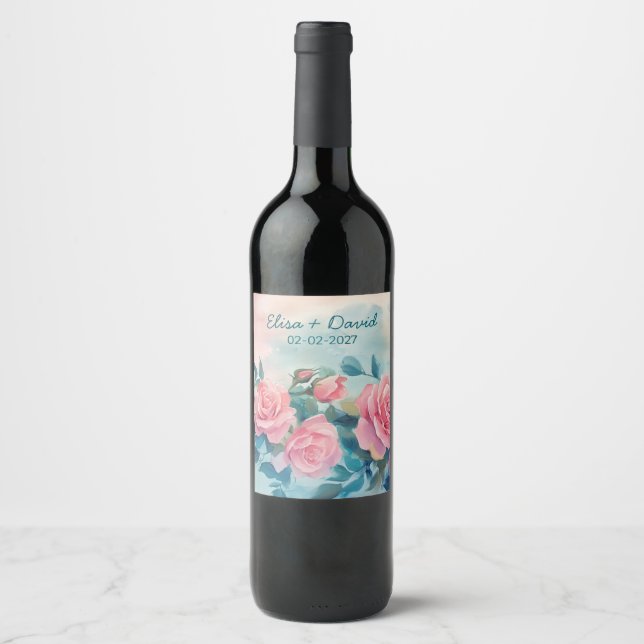 Pink Roses Wedding Engagement Bridal Shower CUSTOM Wine Label (Front)