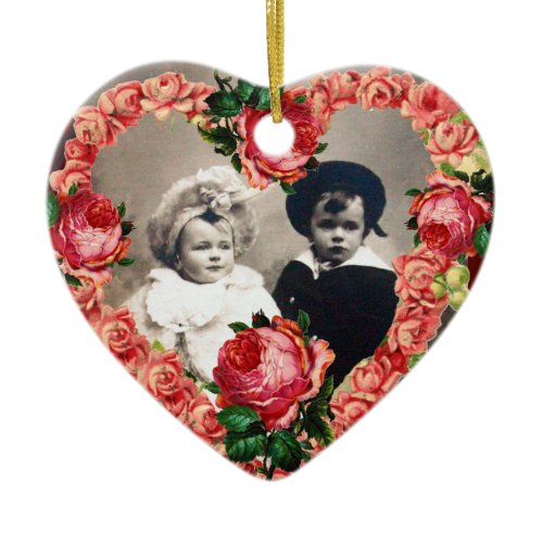PINK ROSES WEDDING HEART PHOTO TEMPLATE MONOGRAM CERAMIC ORNAMENT