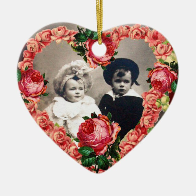 PINK ROSES WEDDING HEART PHOTO TEMPLATE MONOGRAM CERAMIC ORNAMENT (Front)