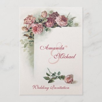 Pink Roses Wedding Invitation by Past_Impressions at Zazzle