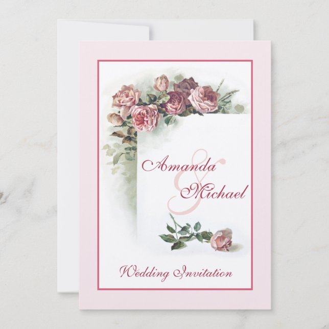 Pink roses wedding invitation (Front)
