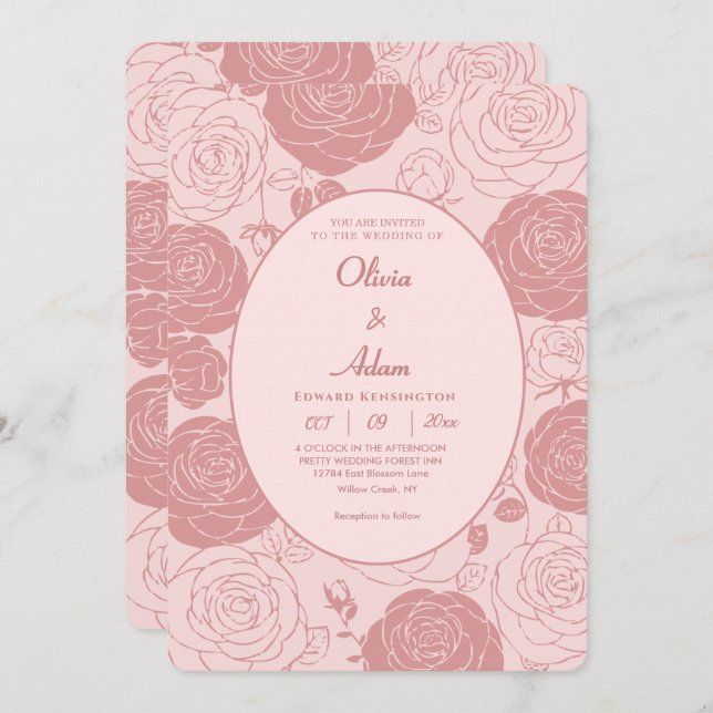 Pink Roses Wedding Invitation (Front/Back)