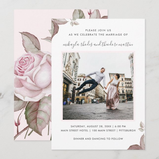 Pink Roses Wedding Photo Invitation (Front/Back)
