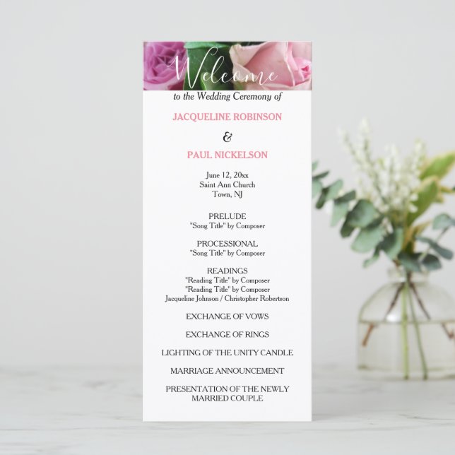 Pink Roses Wedding Program (Standing Front)