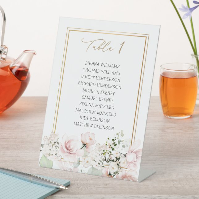 Pink Roses Wedding Table Number Seating Chart Pedestal Sign (In SItu)