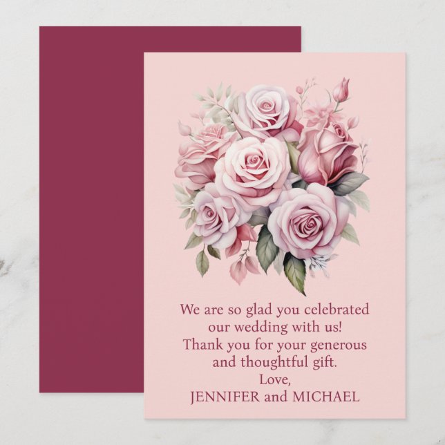 Pink Roses Wedding Thank You Note Card (Front/Back)