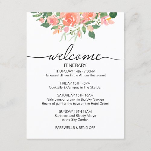 Pink Roses Wedding Weekend Itinerary Welcome Enclosure Card
