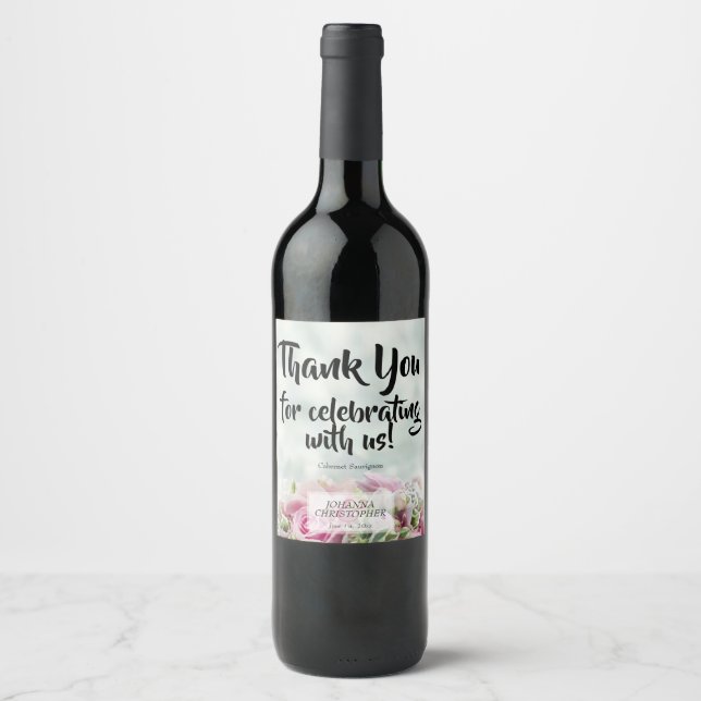 Pink Roses Wedding Wine Bottle Label (Front)