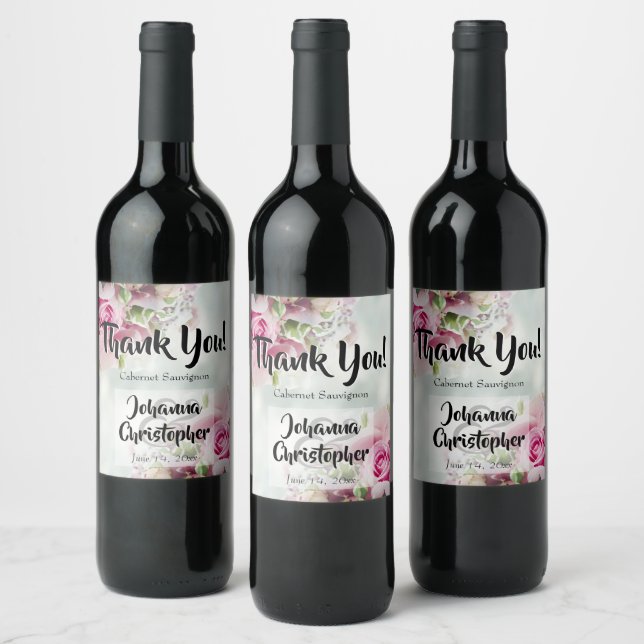 Pink Roses Wedding Wine Bottle Label Thank You (Bottles)