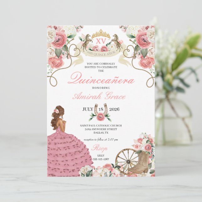 Pink Roses Western Charro Cowgirl Quinceañera Invitation (Standing Front)