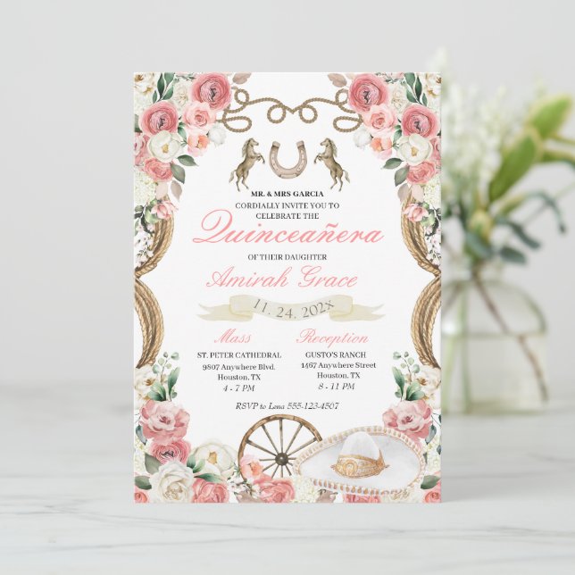 Pink Roses Western Charro Cowgirl Quinceañera Invitation (Standing Front)