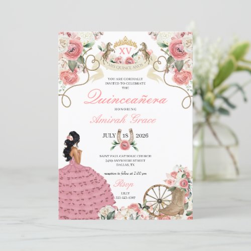 Pink Roses Western Charro Cowgirl Quinceaera Invitation