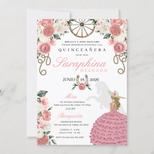 Pink Roses Western Mariachi Cowgirl Quinceaera Invitation