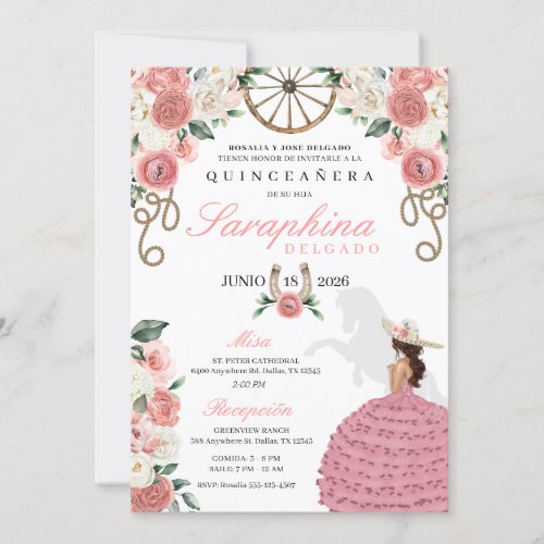 Pink Roses Western Mariachi Cowgirl Quinceaera Invitation