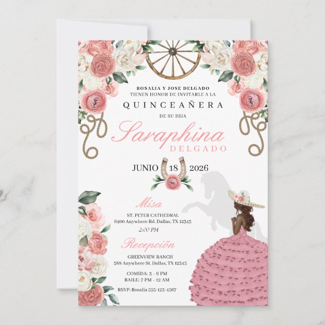 Pink Roses Western Mariachi Cowgirl Quinceañera Invitation (Front)