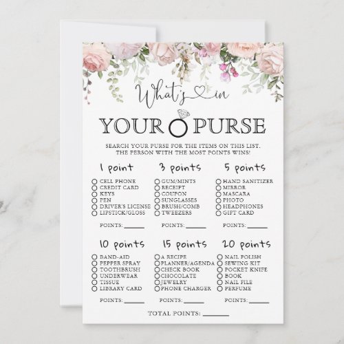 Pink Roses Whats In Your Purse Bridal Shower Game Invitation