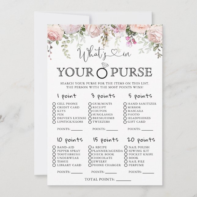 Pink Roses What's In Your Purse Bridal Shower Game Invitation (Front)