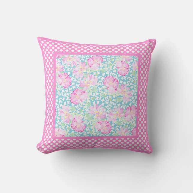 Pink Roses White Butterflies and Polka Dot Border Throw Pillow (Front)