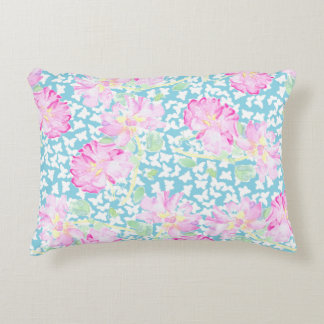 Pink Roses, White Butterflies Blue Accent Pillow