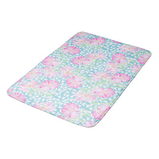 Pink Roses, White Butterflies Blue Bath Mat