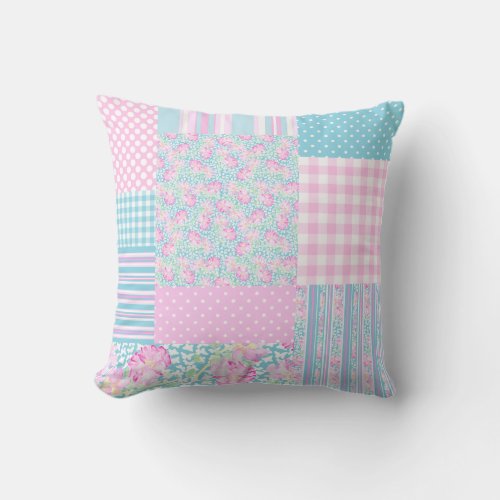 Pink Roses White Butterflies Blue Faux Patchwork Throw Pillow