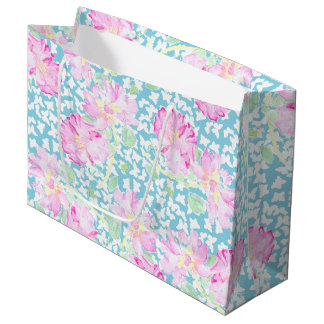 Pink Roses White Butterflies, Blue Large Gift Bag