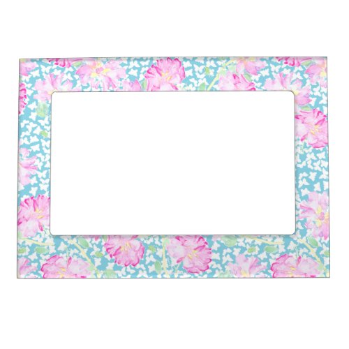 Pink Roses White Butterflies Blue Magnetic Frame