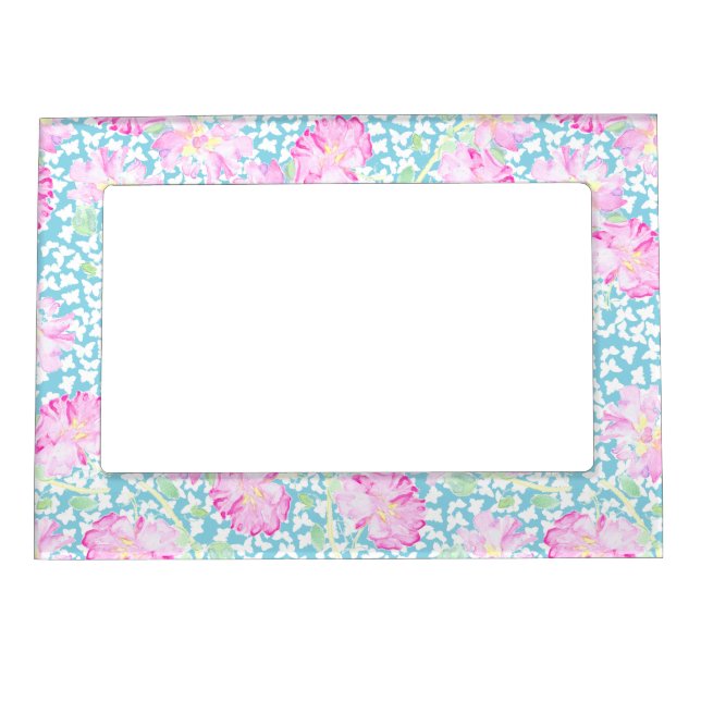 Pink Roses White Butterflies Blue Magnetic Frame (Front)
