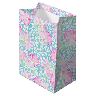 Pink Roses White Butterflies, Blue Medium Gift Bag