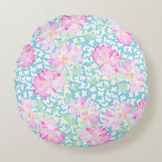 Pink Roses, White Butterflies Blue Round Pillow