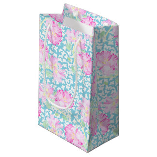 Pink Roses White Butterflies, Blue Small Gift Bag