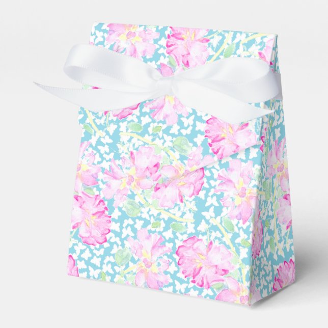 Pink Roses White Butterflies, Blue Tent Favor Box (Front Side)