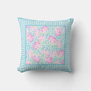 Pink Roses, White Butterflies, Check Gingham Throw Pillow