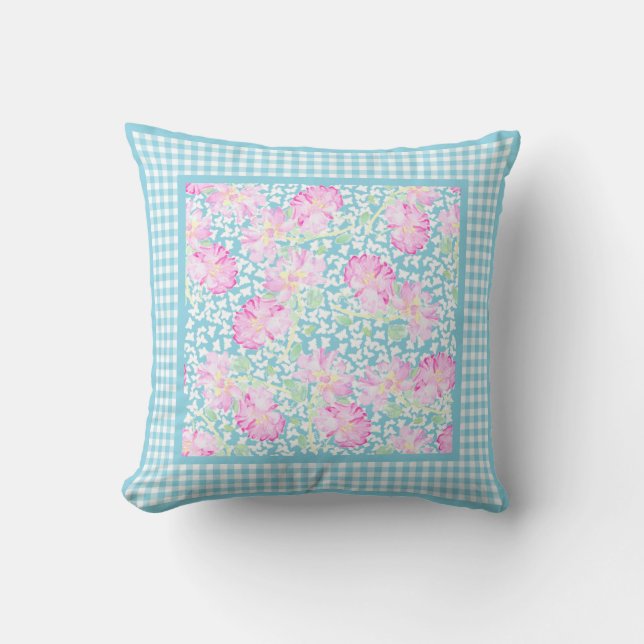 Pink Roses, White Butterflies, Check Gingham Throw Pillow (Front)