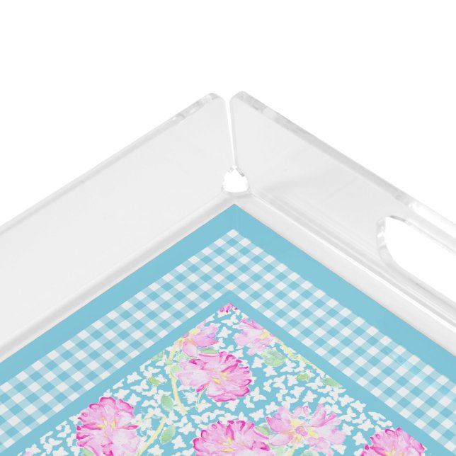 Pink Roses White Butterflies Check Perfume Tray (Corner)