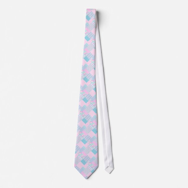 Pink Roses White Butterflies Faux Patchwork Tie (Front)
