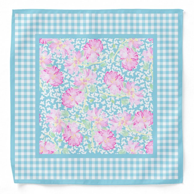Pink Roses, White Butterflies, Gingham Bandana (Front)